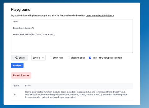 phpstan-drupal playground sample form overview